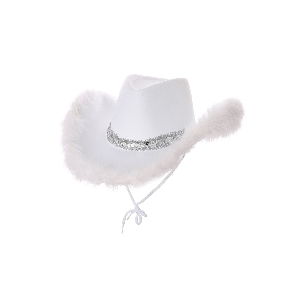 Texan Cowboy Hat White with Sequins & Marabou