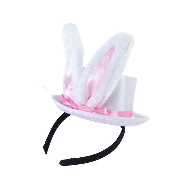 Perfect for any Alice in Wonderland party as the White Rabbit or even a hat party. This cute white mini top hat with a pink ribbon edging and bunny ears attached to a black headband.