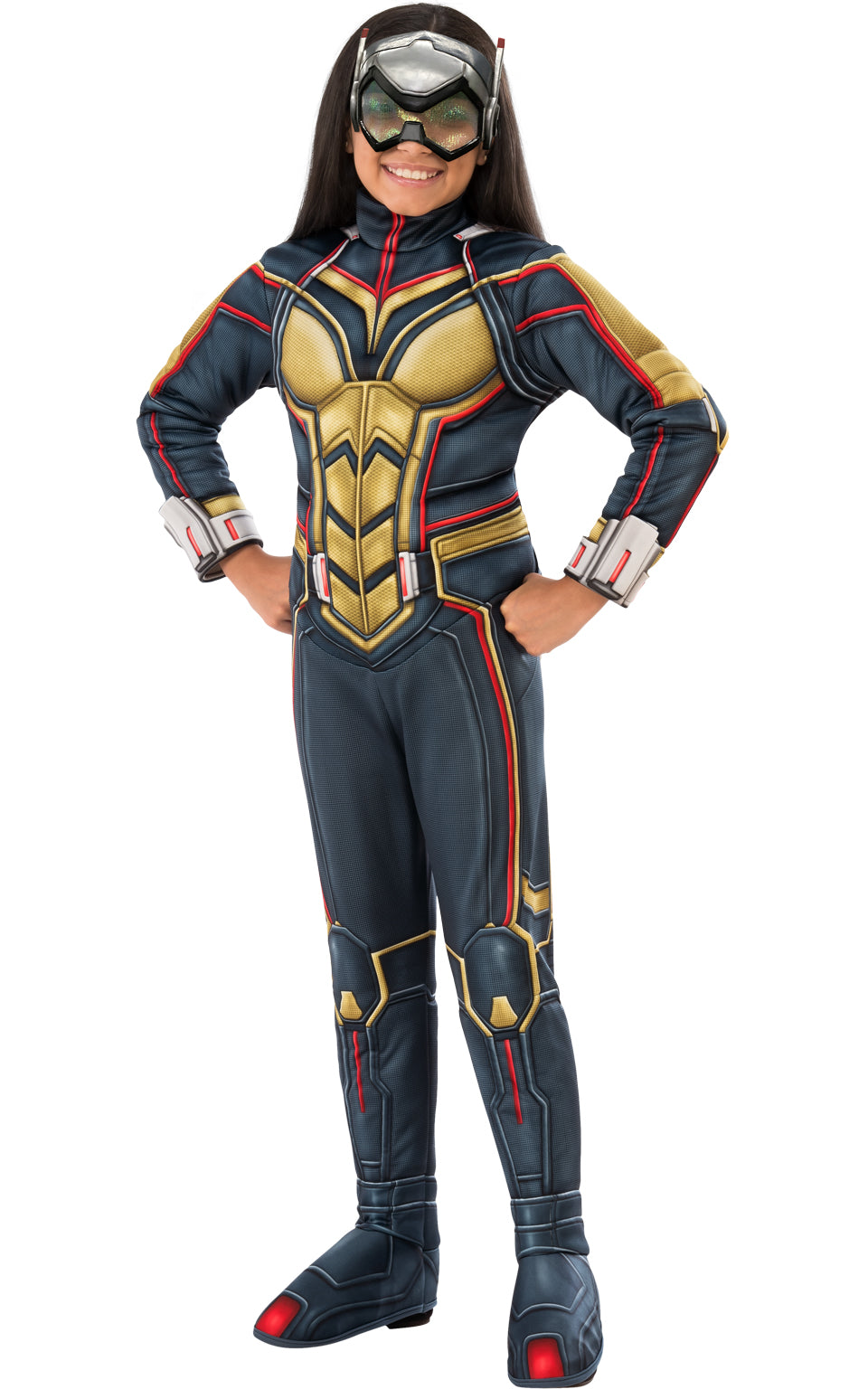 Girls Wasp costume includes a blue and gold jumpsuit and a Wasp mask will have your child looking just like the Wasp.