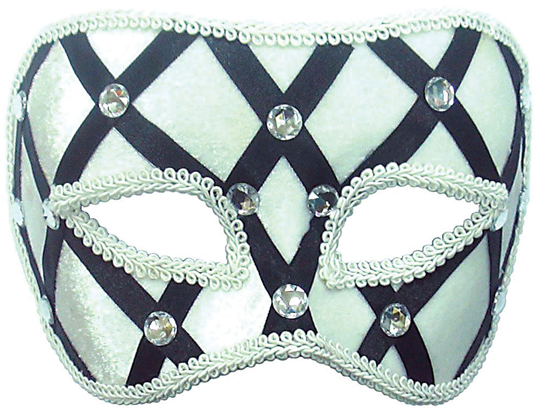 White masquerade Mask with Black Harlequin Ribbons