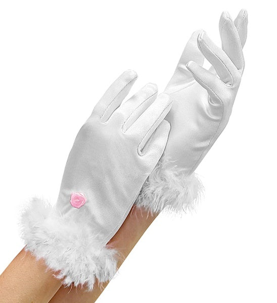 White Satin Gloves with Marabou Trim
