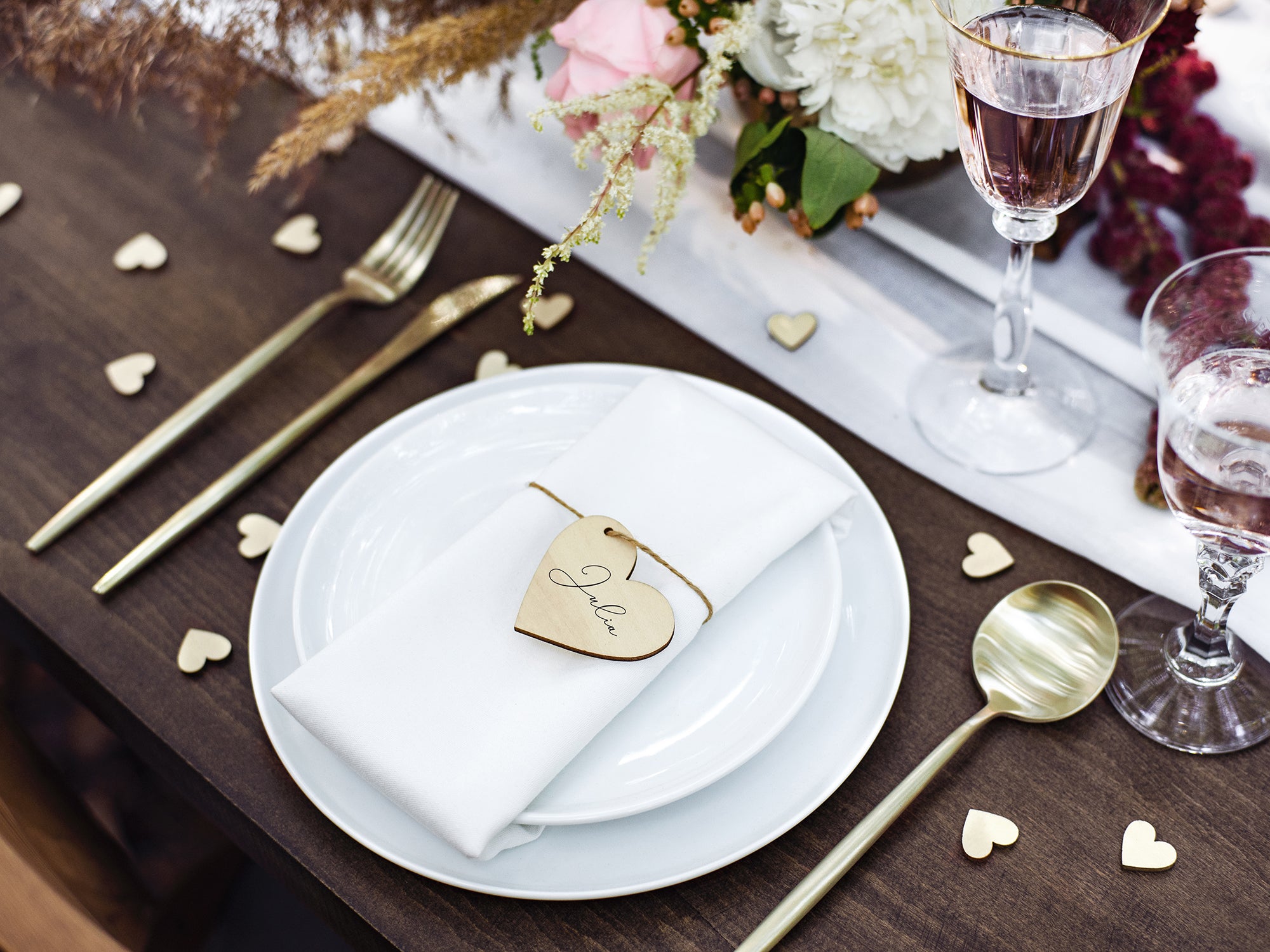 Wooden Confetti Hearts on table