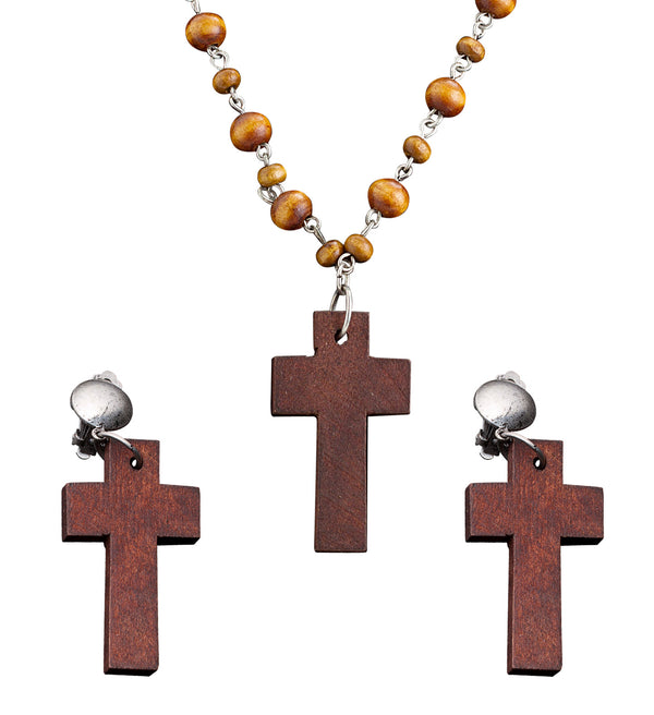 Wooden Rosary & Cross Earring Set